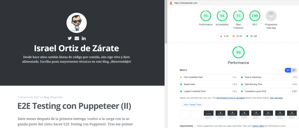 Captura de imagen con los resultados obtenidos al lanzar Lighthouse para la versión escritorio del blog. Resultado de 96 puntos.