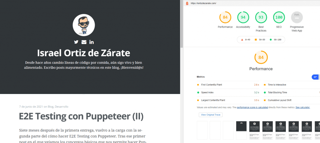 Captura de imagen con los resultados obtenidos al lanzar Lighthouse para la versión móvil del blog. Resultado de 84 puntos.